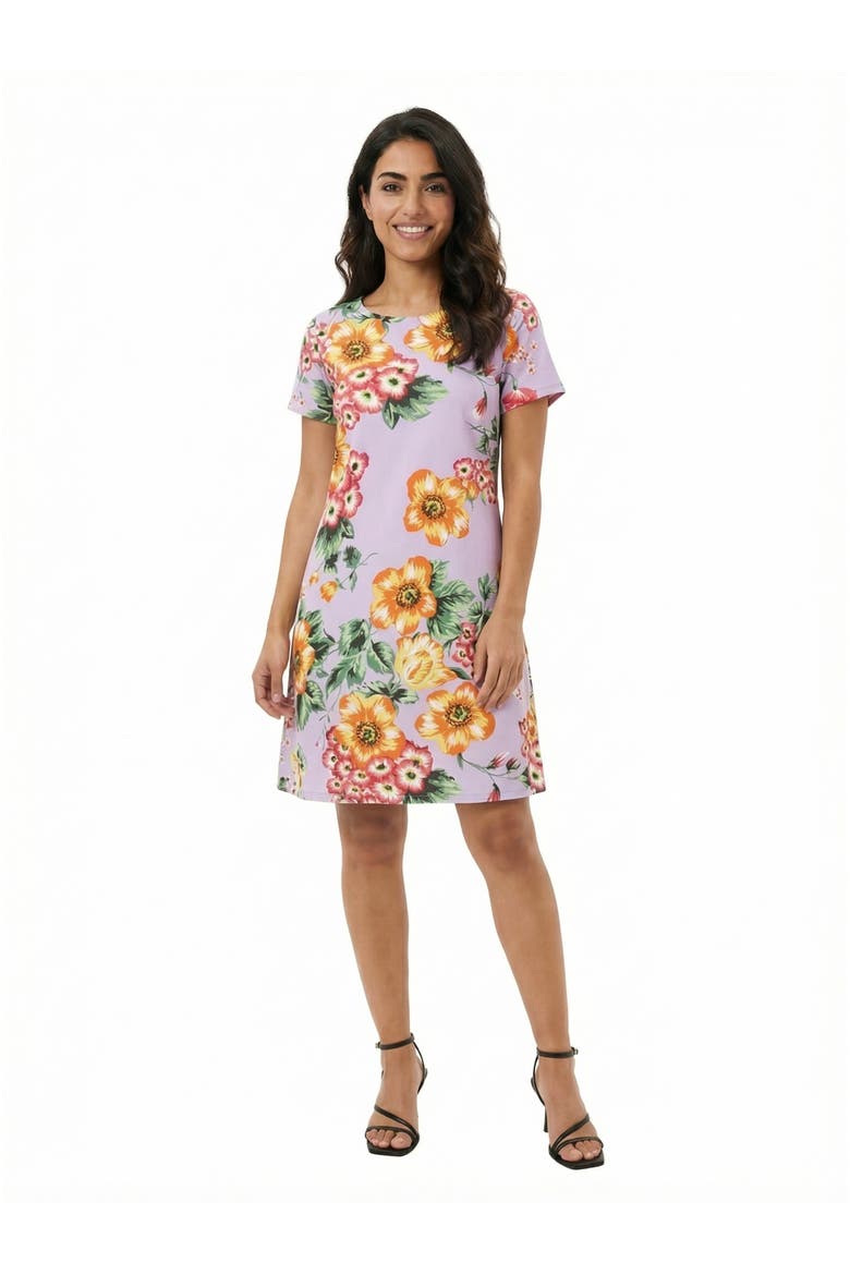 Essential Petite Floral Short Sleeve Round Neck Mini Shift Dress, Main, color, Lilac Multi