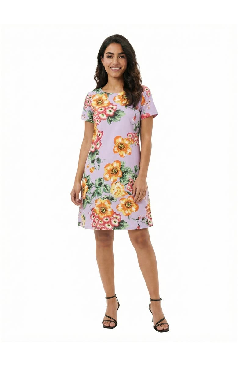 24seven Comfort Apparel Essential Petite Floral Short Sleeve Round Neck Mini Shift Dress, Main, color, Lilac Multi