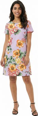 24seven Comfort Apparel Essential Petite Floral Short Sleeve Round Neck Mini Shift Dress