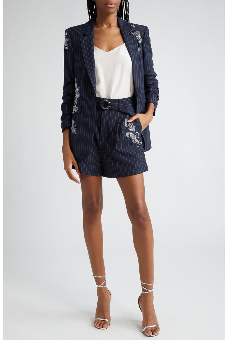 Rebecca Beaded Paisley Detail Pinstripe Shorts, Alternate, color, NAVY/IVORY