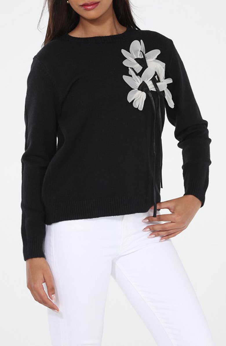RAIN AND ROSE Floral String Sweater, Main, color, Black