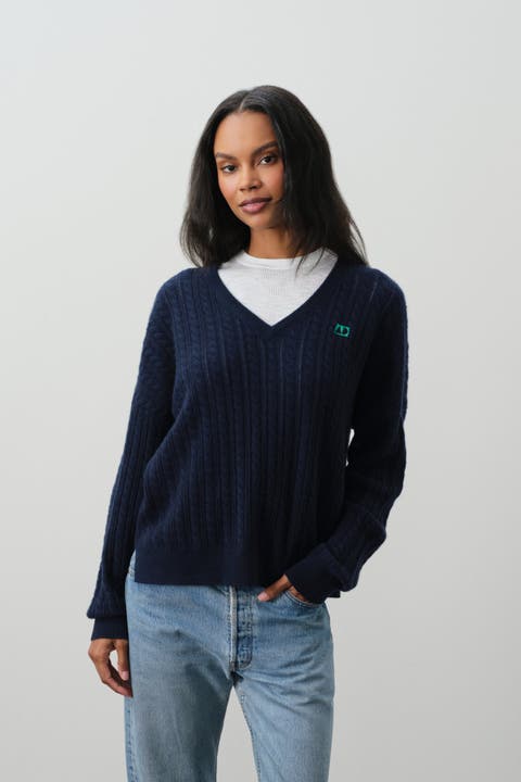 Elina Cashmere Cableknit V-Neck