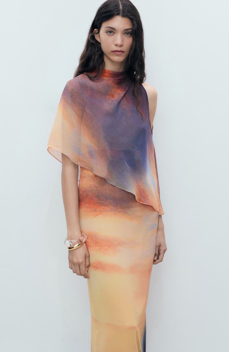 MANGO Abstract Print Cape Detail Gown, Alternate, color, Orange
