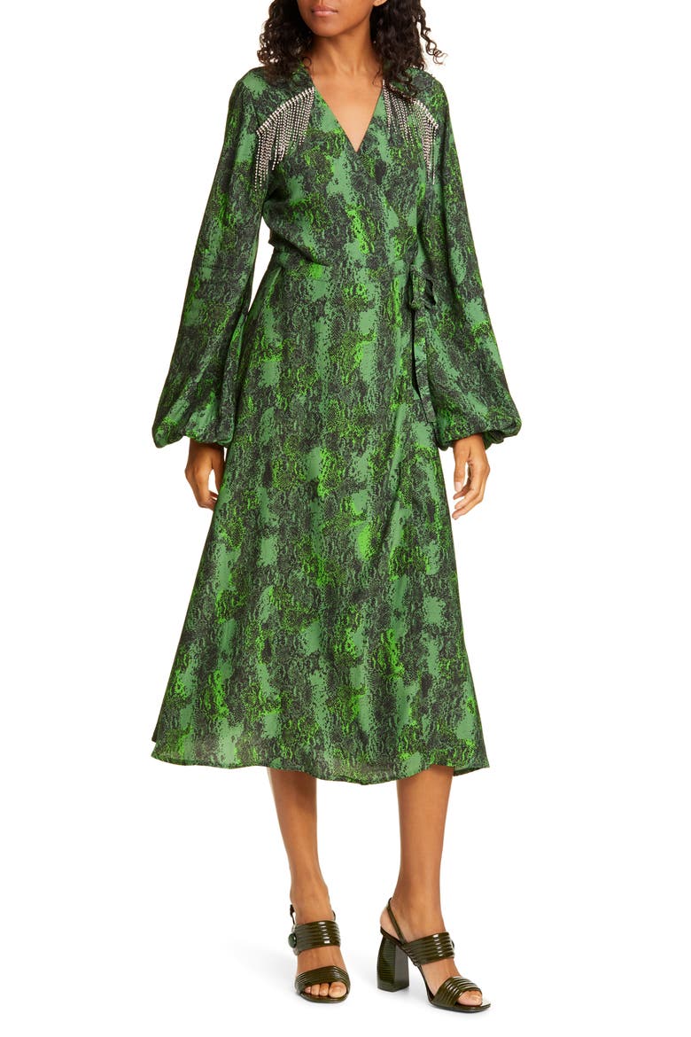 Kira Snake Print Crystal Fringe Long Sleeve Midi Dress, Main, color, STONE GREEN COMBO