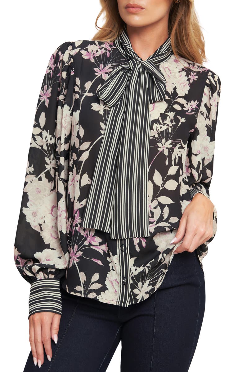 FLYING TOMATO Neck Tie Long Sleeve Woven Top, Main, color, Black