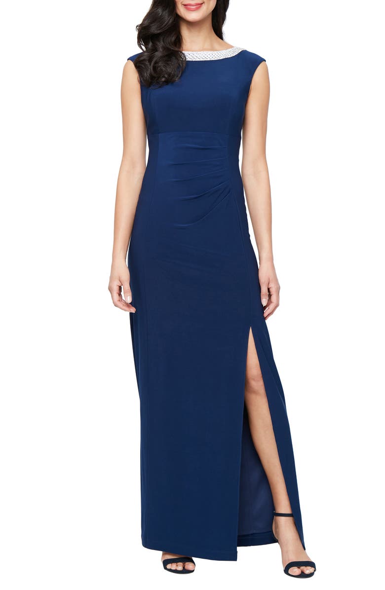 Alex Evenings Embellished Neck Gown, Main, color, Cobalt