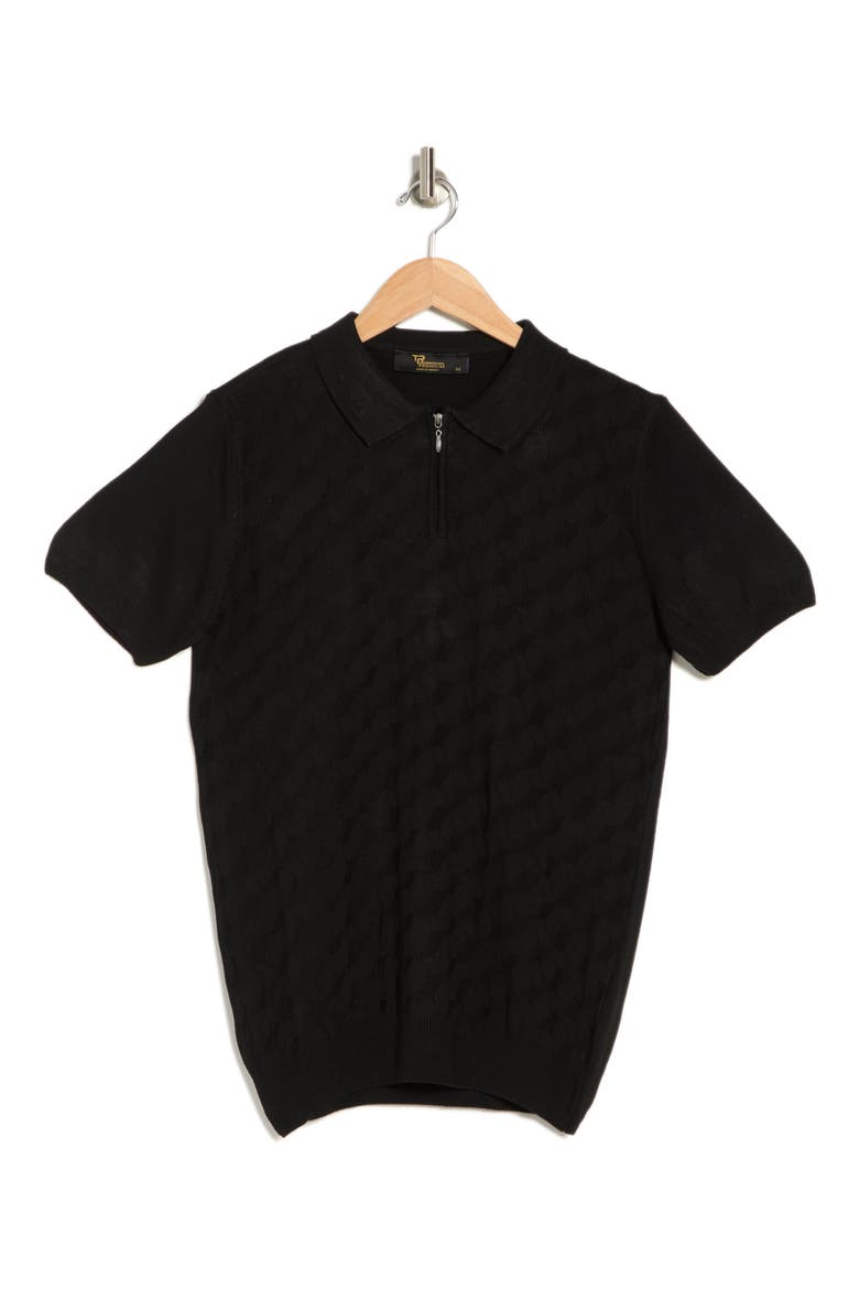 Short Sleeve Textured Knit Zip Polo, Alternate, color, BLACK