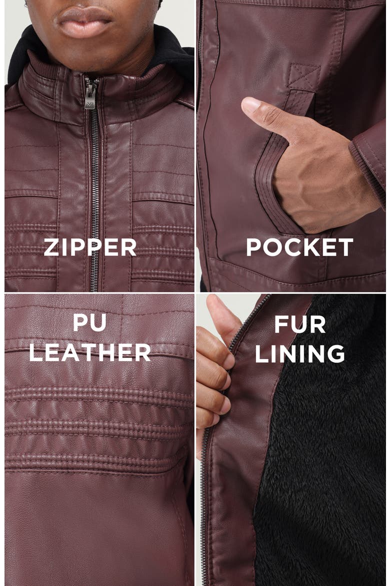 Faux Leather Hooded Moto Jacket with Faux Fur Lining, Alternate, color, BURGUNDY