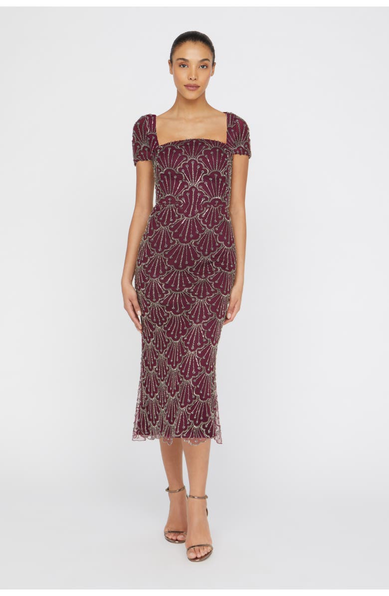 Theia Serena Beaded Cocktail Square-Neck Sheath Dress, Main, color, Oxblood