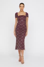 Theia Serena Beaded Cocktail Square-Neck Sheath Dress