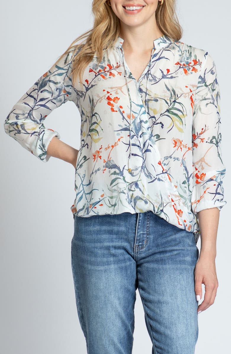 APNY Print Tassel Surplice Chiffon Top, Main, color, White Multi