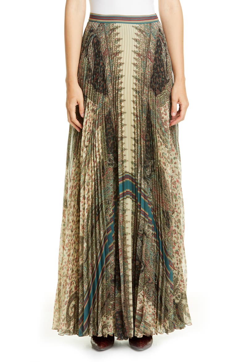 Brocade Print Pleated Maxi Skirt, Main, color, BEIGE