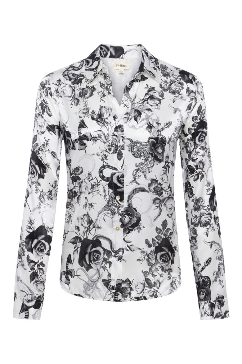 Tyler Floral Print Woven Silk Shirt, Alternate, color, WHITE/ BLACK BAROQUE FLORAL