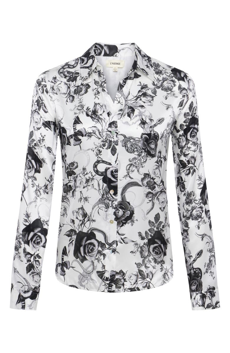 L'AGENCE Tyler Floral Print Woven Silk Shirt, Alternate, color, White/ Black Baroque Floral