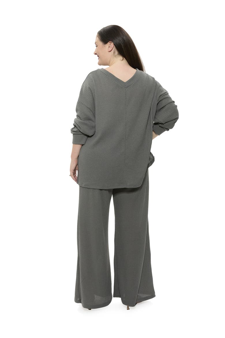 Plus Size V Neck Long Sleeve Soft Waffle Knit Top and Pant Set, Alternate, color, Grey