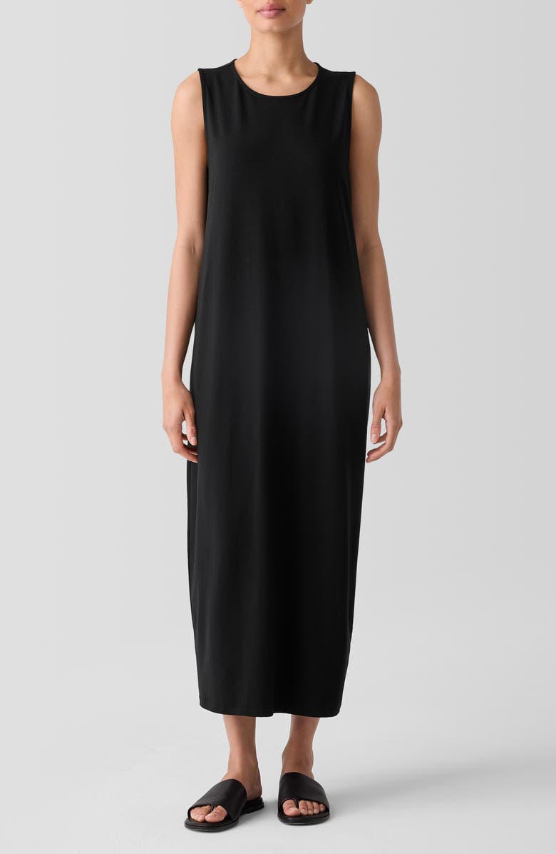 Eileen Fisher Round Neck Oval Stretch Sleeveless Midi Dress, Main, color, Black
