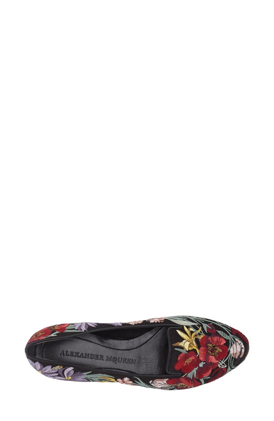 Alexander McQueen Embroidered Flower Loafer, Alternate, color, BLACK SATIN