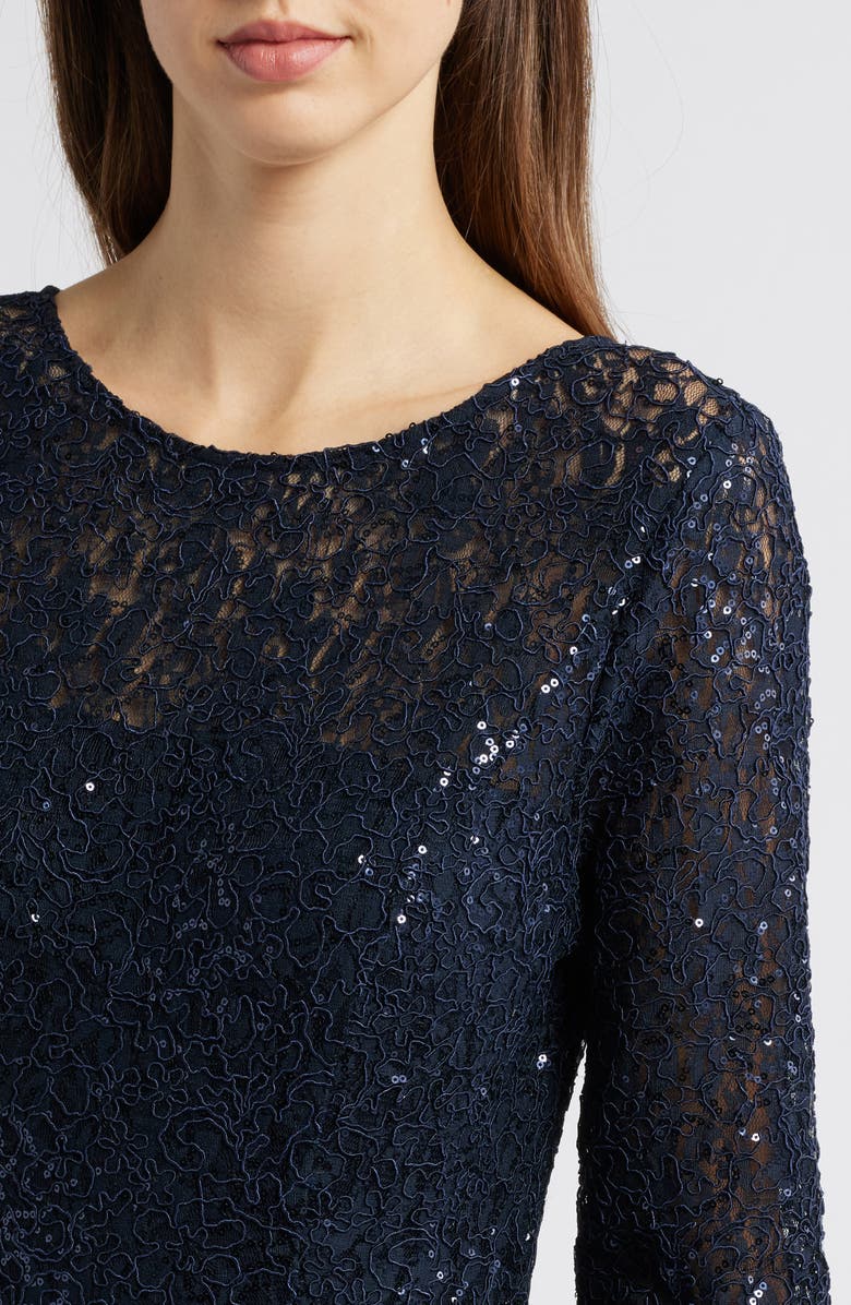Tahari ASL Sequin Lace A-Line Gown, Alternate, color, Navy