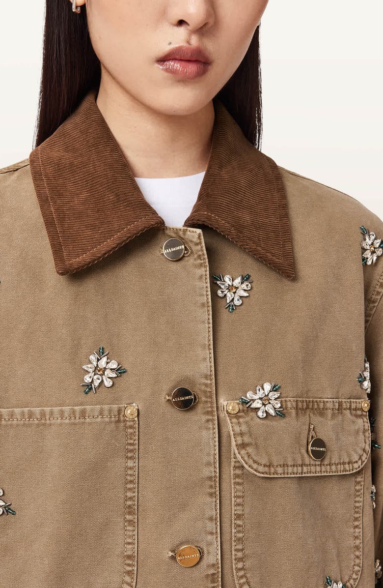 AllSaints Bex Embroidered Detail Denim Jacket, Alternate, color, Vintage Sand Brown