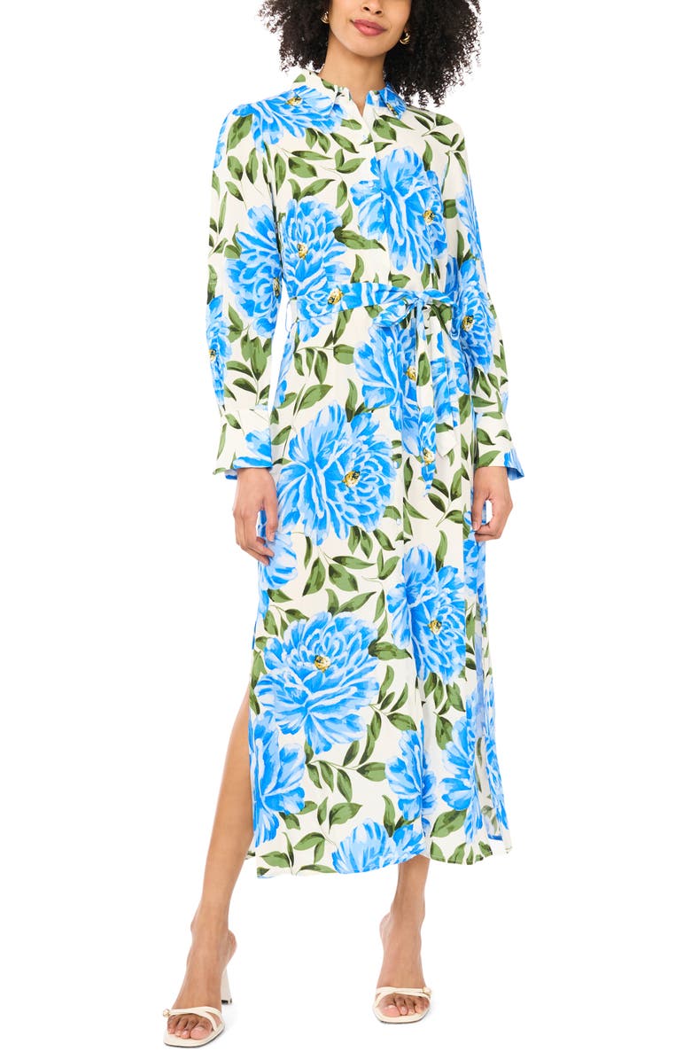 Vince Camuto Print Tie Belt Maxi Shirtdress, Main, color, Deep Blue