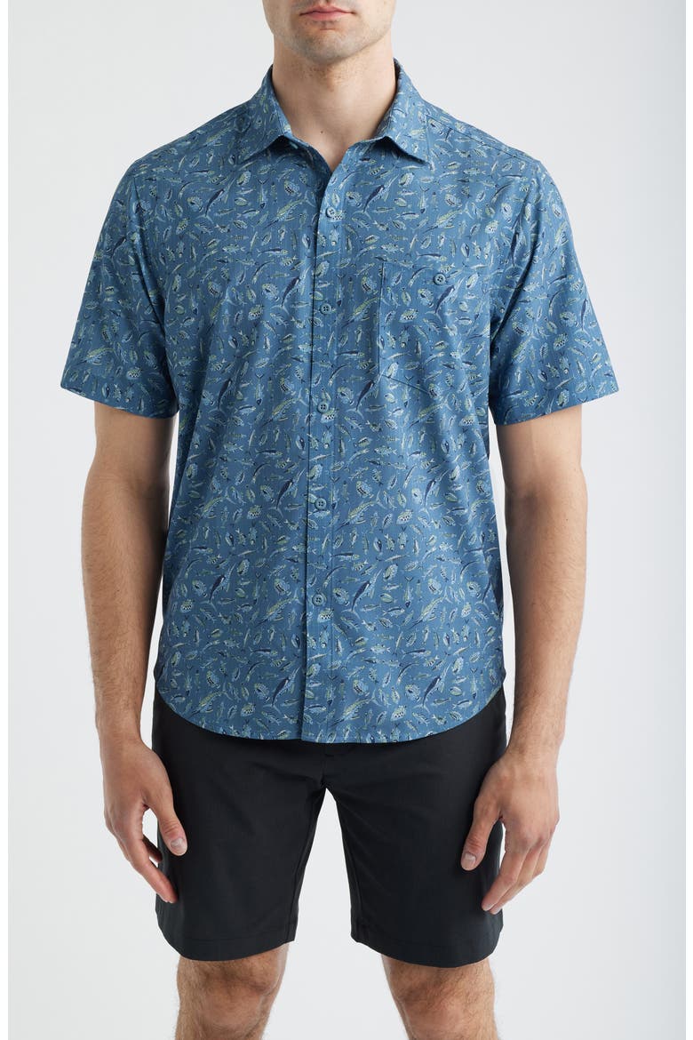 Bahama Coast Night Schooled Fish Print IslandZone® Short Sleeve Button-Up Shirt, Main, color, KING FISH