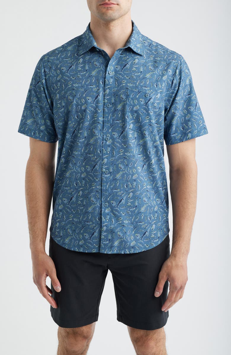 Tommy Bahama Bahama Coast Night Schooled Fish Print IslandZone<sup>®</sup> Short Sleeve Button-Up Shirt, Main, color, King Fish