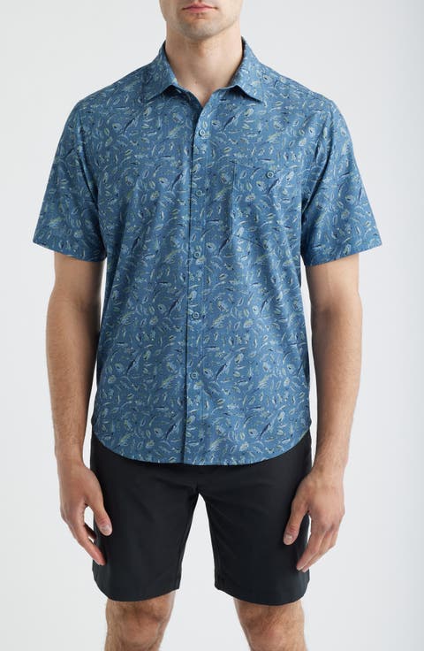 Bahama Coast Night Schooled Fish Print IslandZone® Short Sleeve Button-Up Shirt