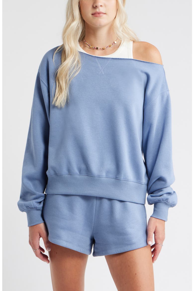Fleece Detail Off the Shoulder Sweatshirt, Main, color, BLUE COUNTRY