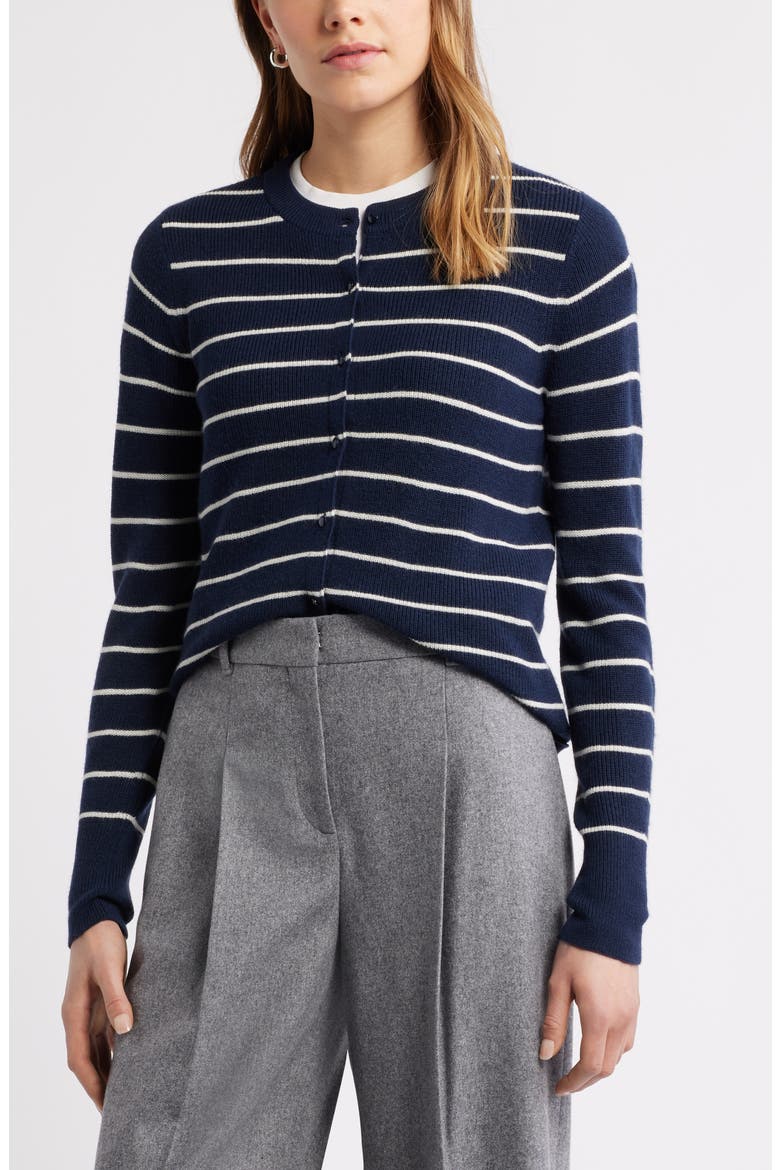 Crewneck Merino Wool Blend Cardigan, Main, color, NAVY- IVORY LUCILLE STRIPE