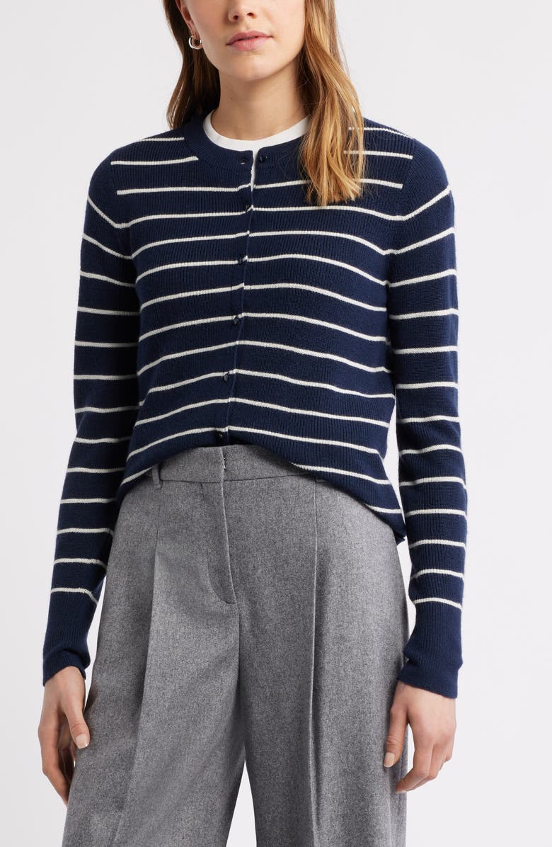 Caslon<sup>®</sup> Crewneck Merino Wool Blend Cardigan, Main, color, Navy- Ivory Lucille Stripe