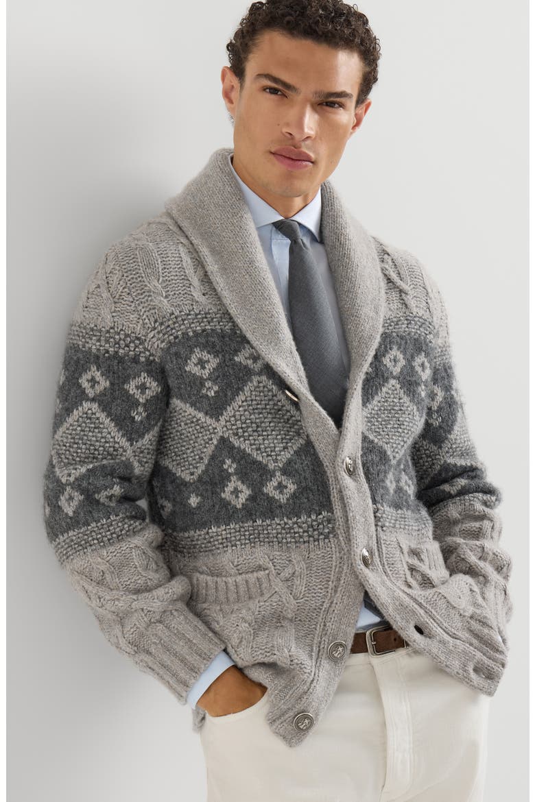 Virgin wool, silk and cashmere chiné cable knit cardigan with intarsia, Alternate, color, Grey