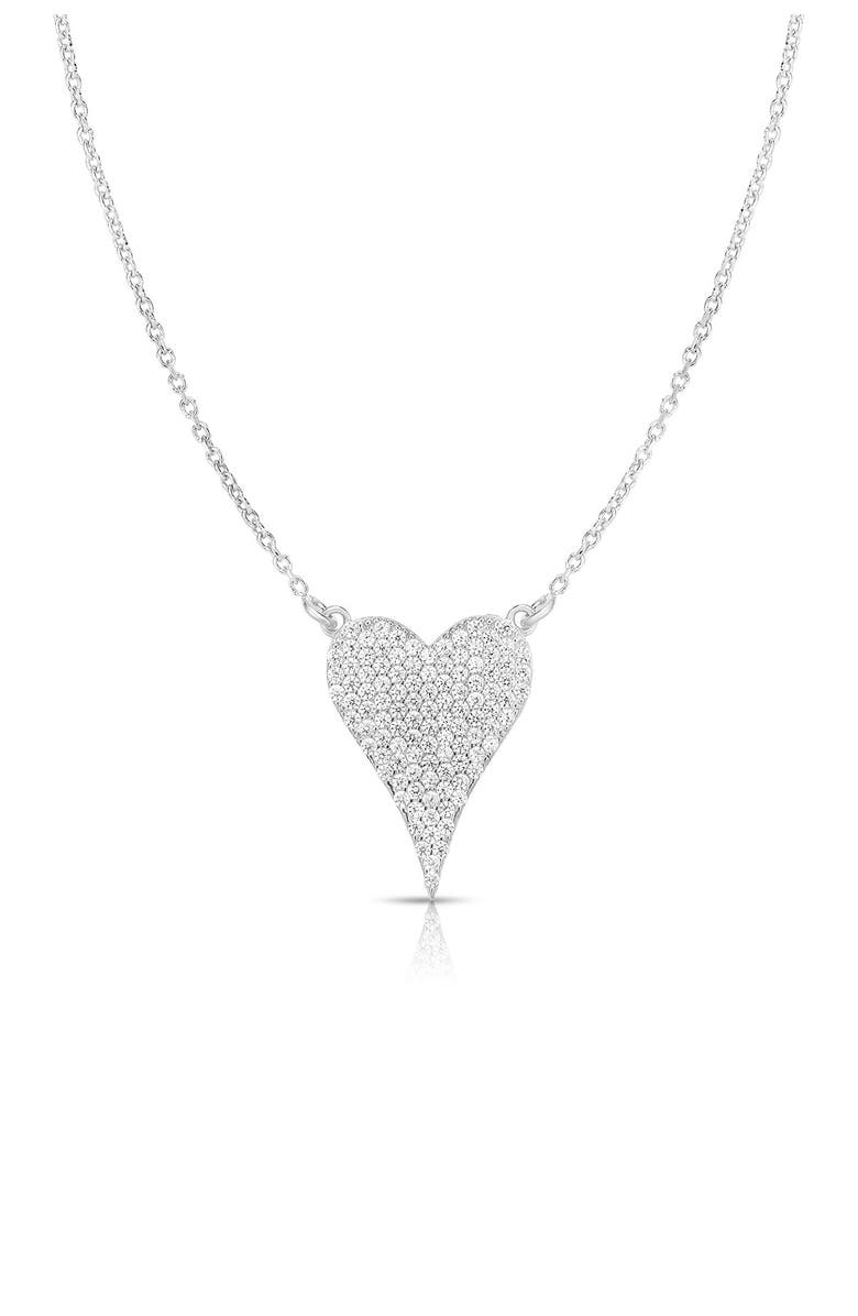 SPHERA MILANO Rhodium Plated Sterling Silver Pavé Cubic Zirconia Heart Pendant Necklace, Main, color, 