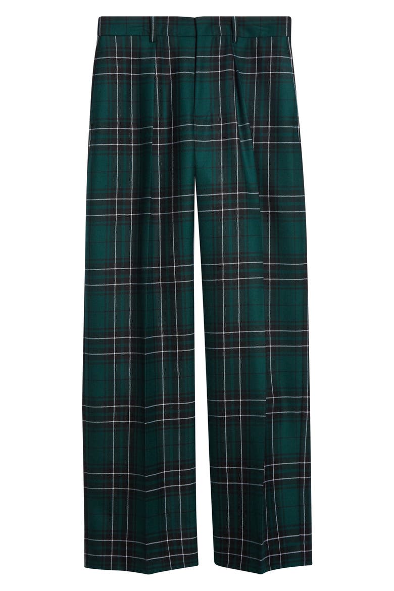 Plaid Pleated Straight Leg Wool Trousers, Alternate, color, FOREST GREEN