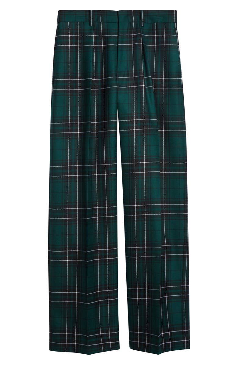 JW Anderson Plaid Pleated Straight Leg Wool Trousers, Main, color, Forest Green