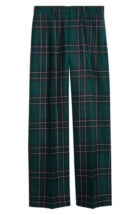 Plaid Pleated Straight Leg Wool Trousers