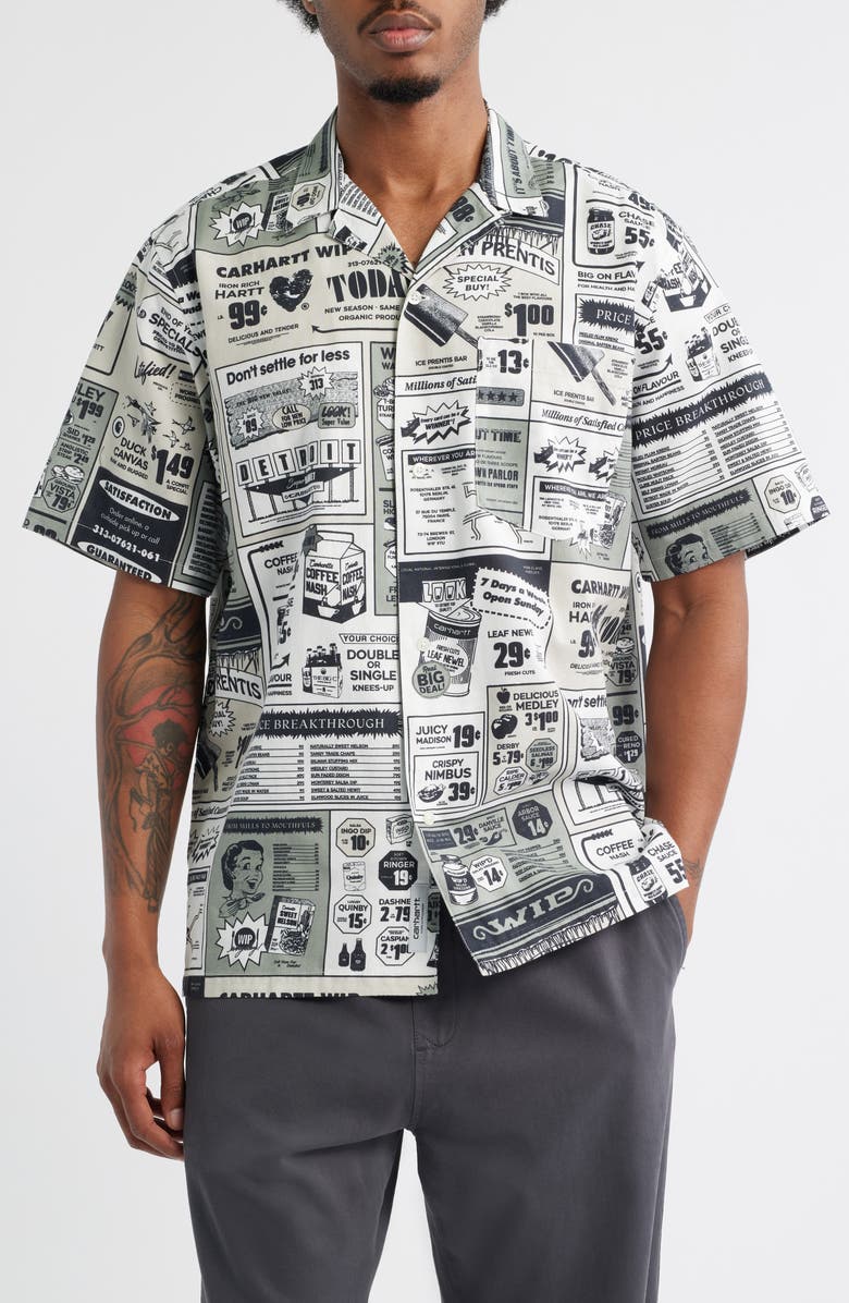 Carhartt Work In Progress Catalogue Newspaper Print Cotton & Linen Camp Shirt, Main, color, Catalogue Print Neutral