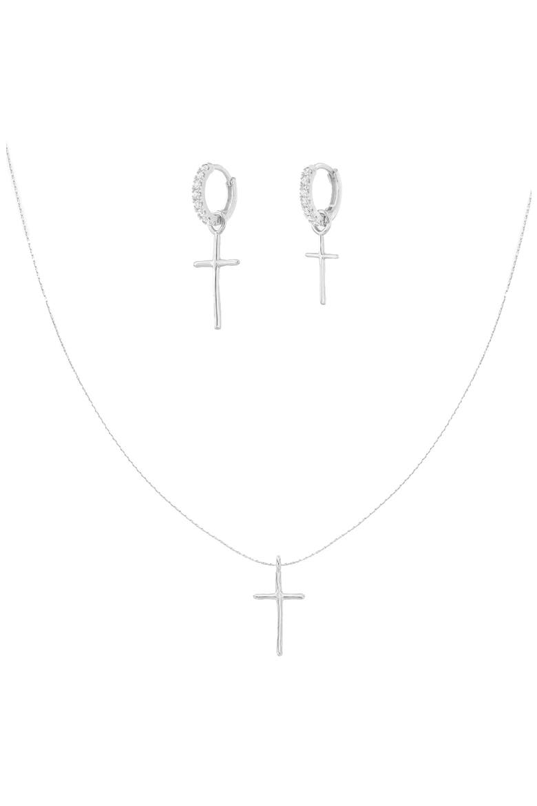 Sterling Silver 18k Gold Plated Ariel Cross Necklace & Mismatching Cross Earrings Set, Main, color, Silver