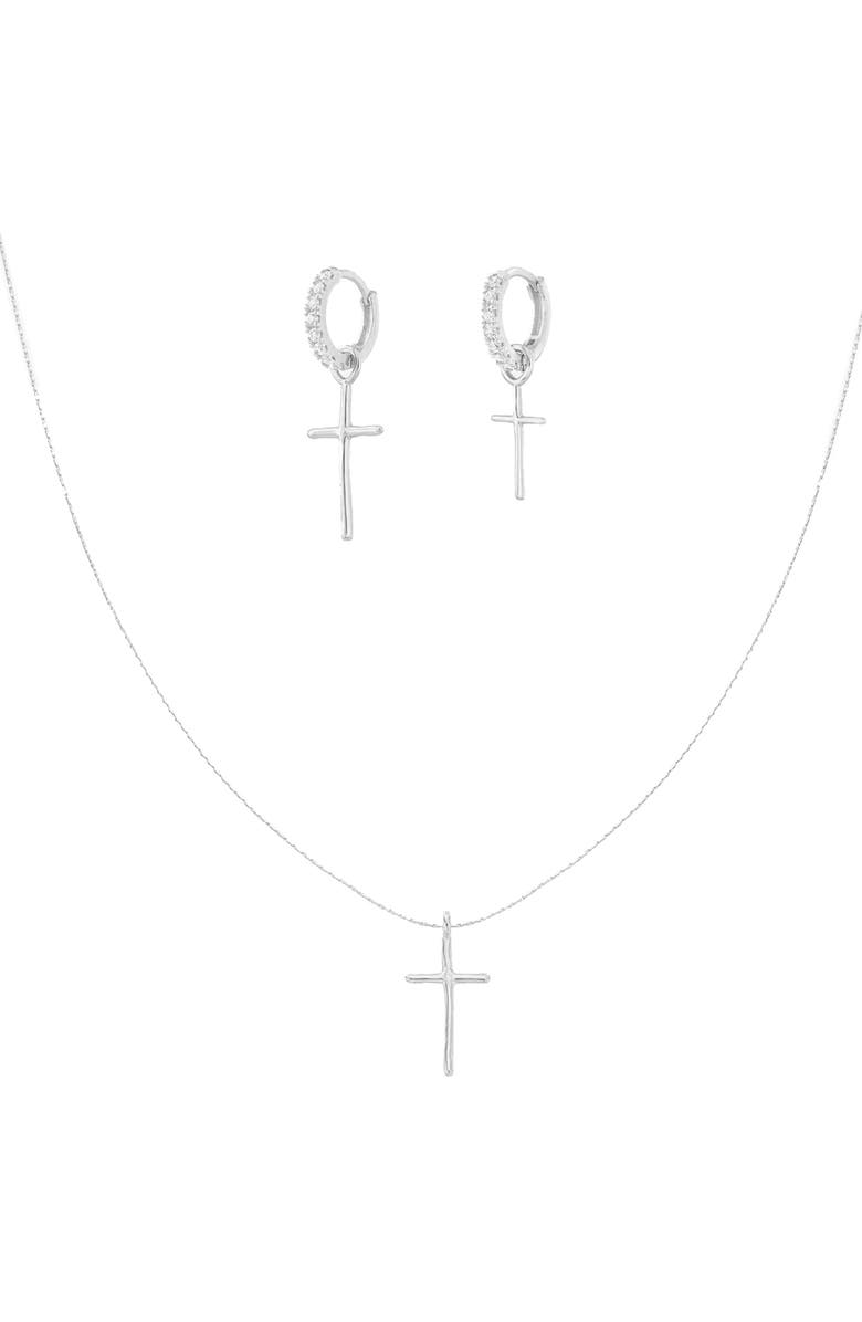 Bearfruit Jewelry Sterling Silver 18k Gold Plated Ariel Cross Necklace & Mismatching Cross Earrings Set Holiday Gift Idea, Main, color, Silver