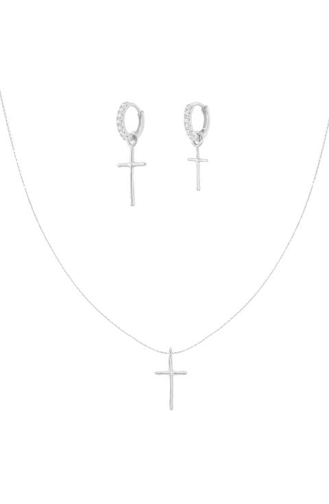 Sterling Silver 18k Gold Plated Ariel Cross Necklace & Mismatching Cross Earrings Set Holiday Gift Idea