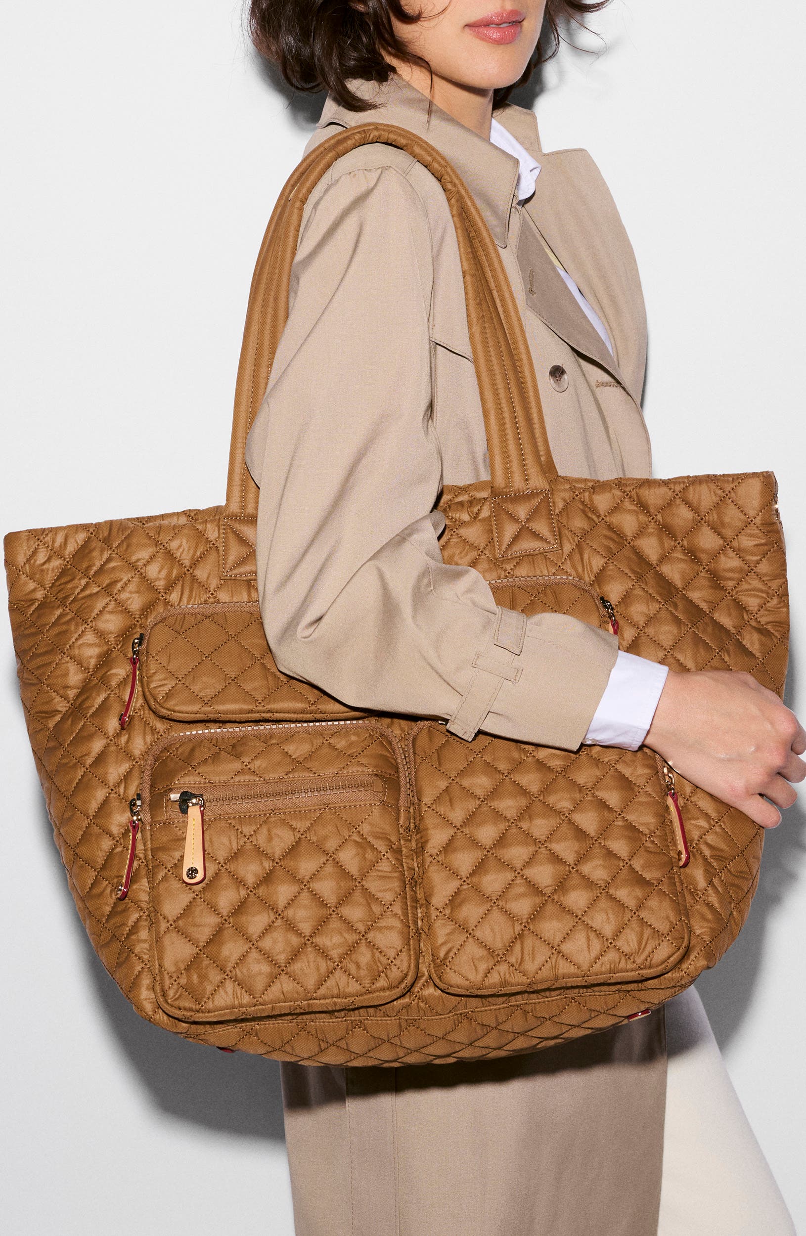 Large Metro Quilted Nylon Travel Tote, Alternate, color, COGNAC