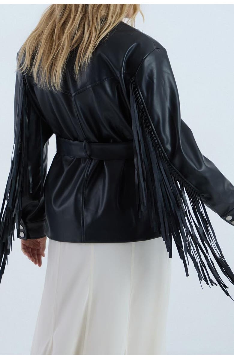 NASTY GAL Fringe Faux Leather Belted Jacket, Alternate, color, Black