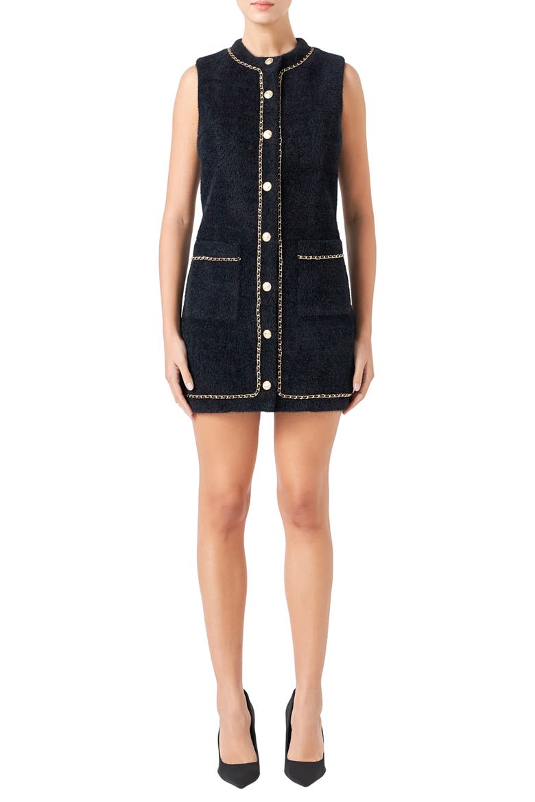 Fuzzy Chain Trim Minidress, Main, color, BLACK