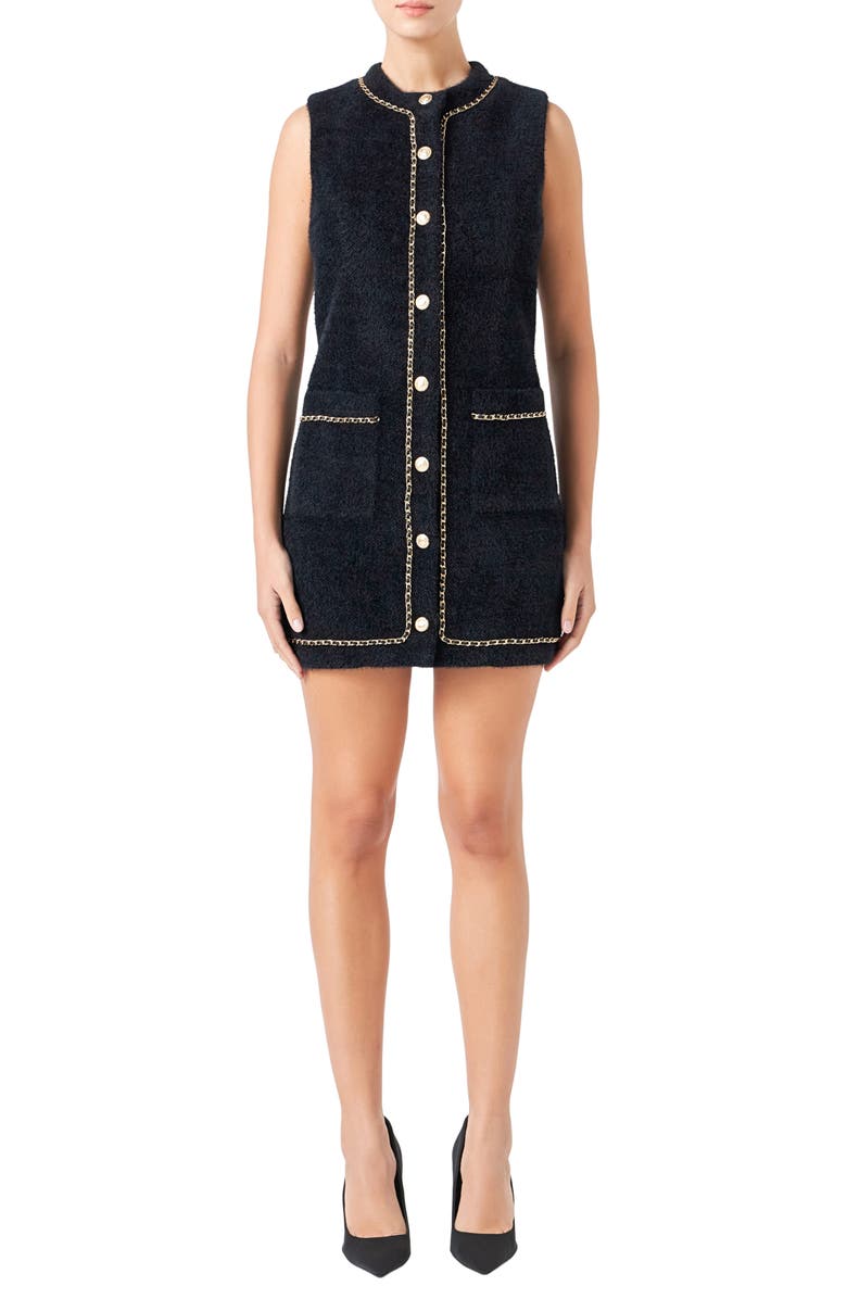 Endless Rose Fuzzy Chain Trim Minidress, Main, color, Black
