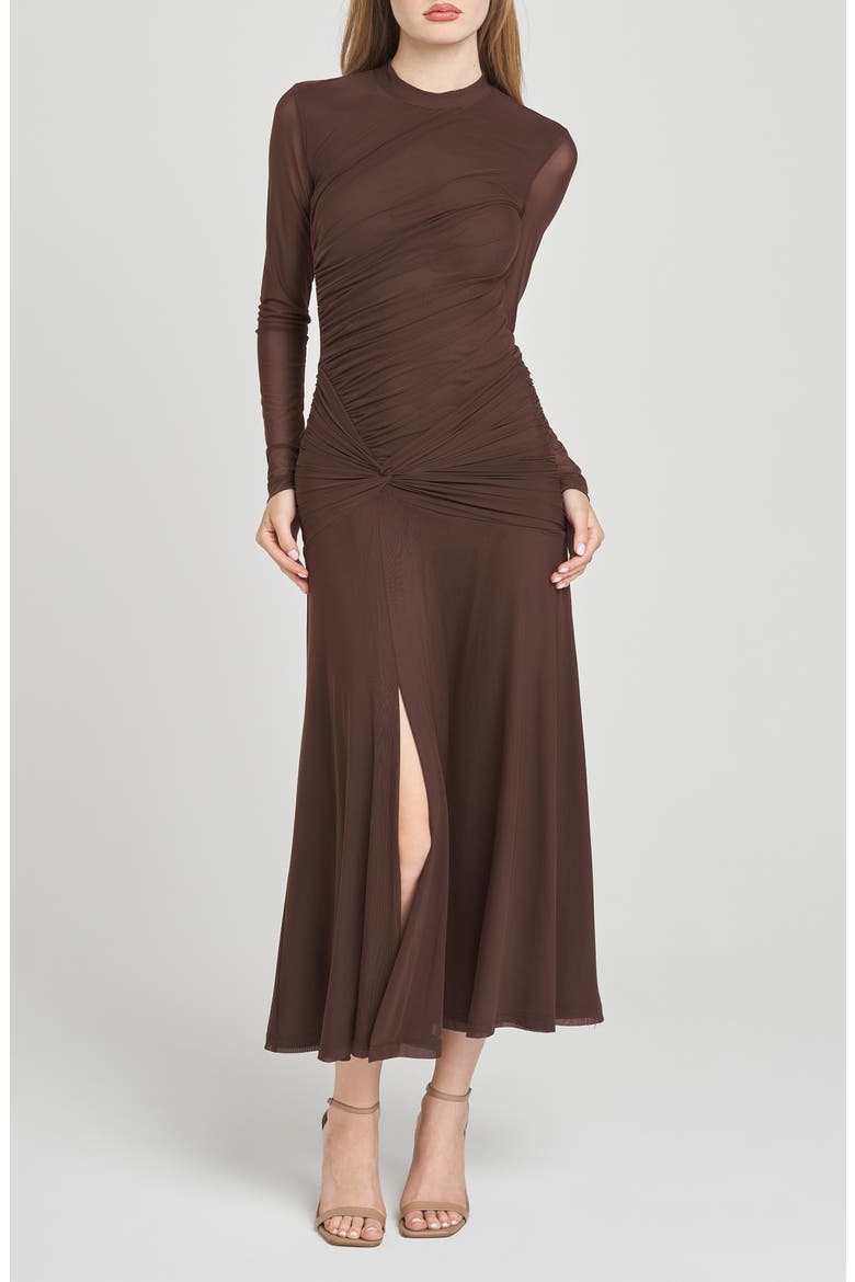 ruched long sleeve dress Slinky knit mesh (atop green knit lining) is ruched throughout this sexy bodycon dress that has a square neckline Red Ruched Long Sleeve Dress