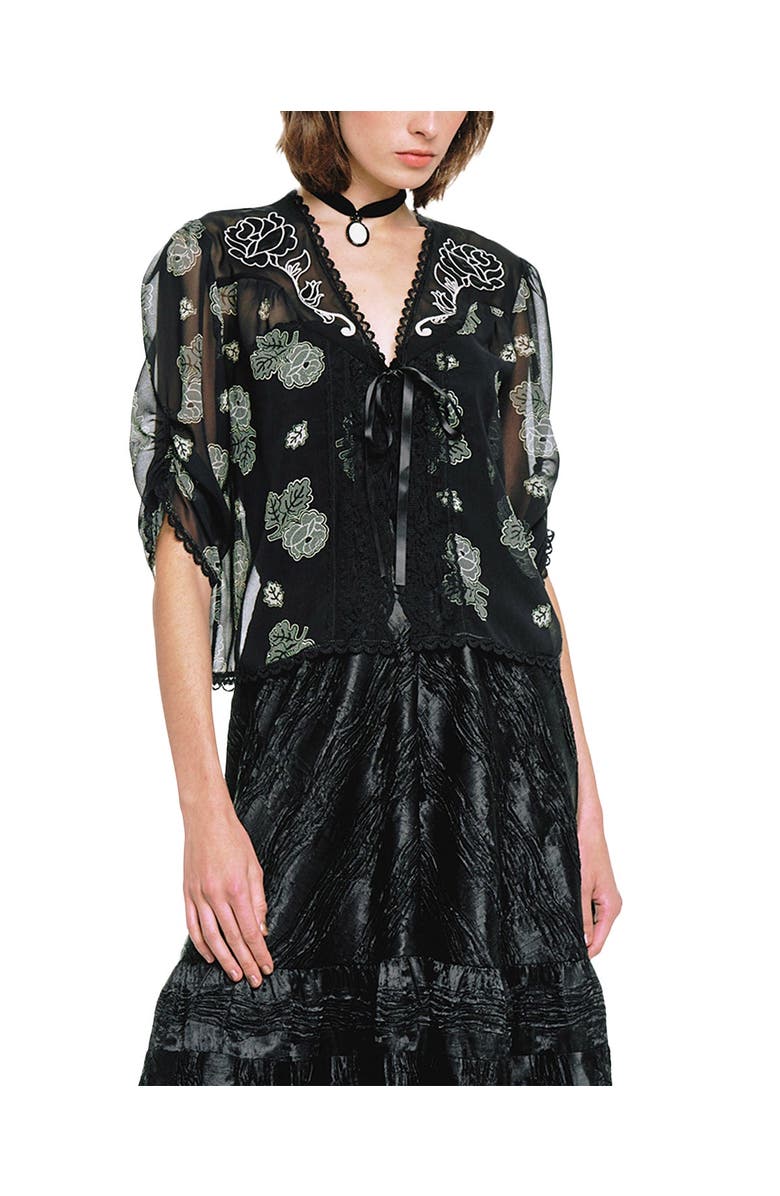 Anna Sui Lily and Roses Chiffon Combo Embroidered Bed Jacket, Alternate, color, Black