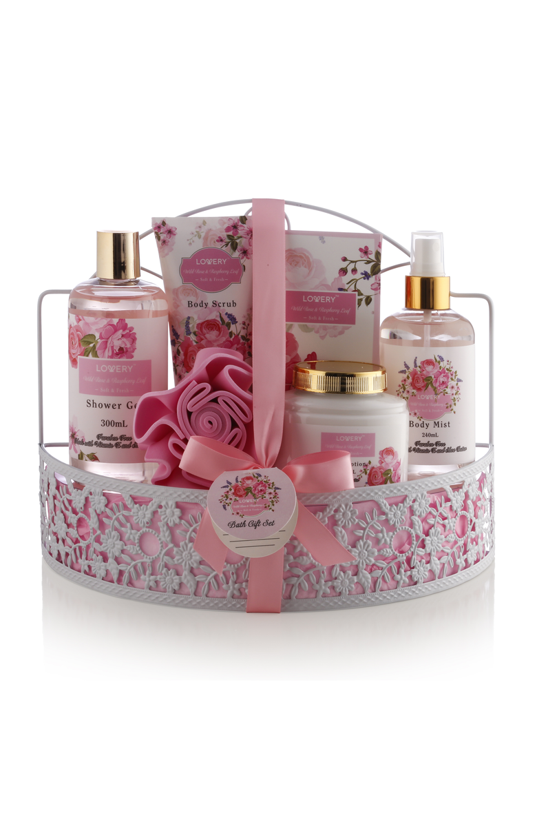Lovery Wild Rose & Raspberry Leaf 7pc Home Spa Gift Basket, Main, color, Pink Floral Design