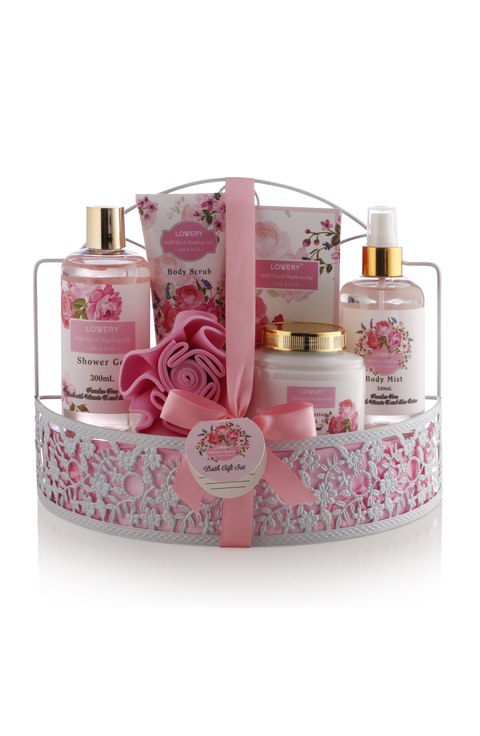 Wild Rose & Raspberry Leaf 7pc Home Spa Gift Basket