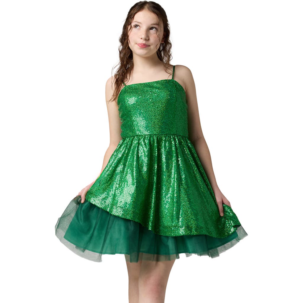 Un Deux Trois Girl's Sequined Peek-a-boo Tulle Dress In Green