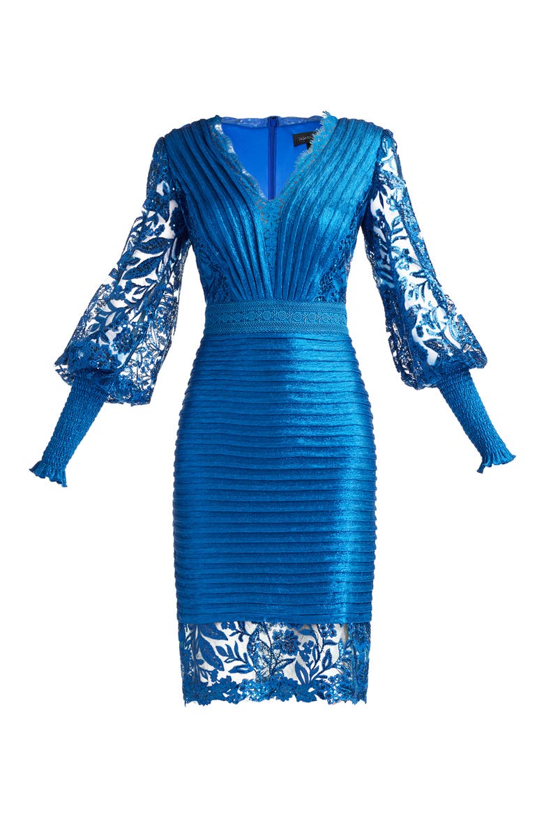 Pleated Sequin Lace Long Sleeve Chiffon Dress, Alternate, color, PACIFIC BLUE