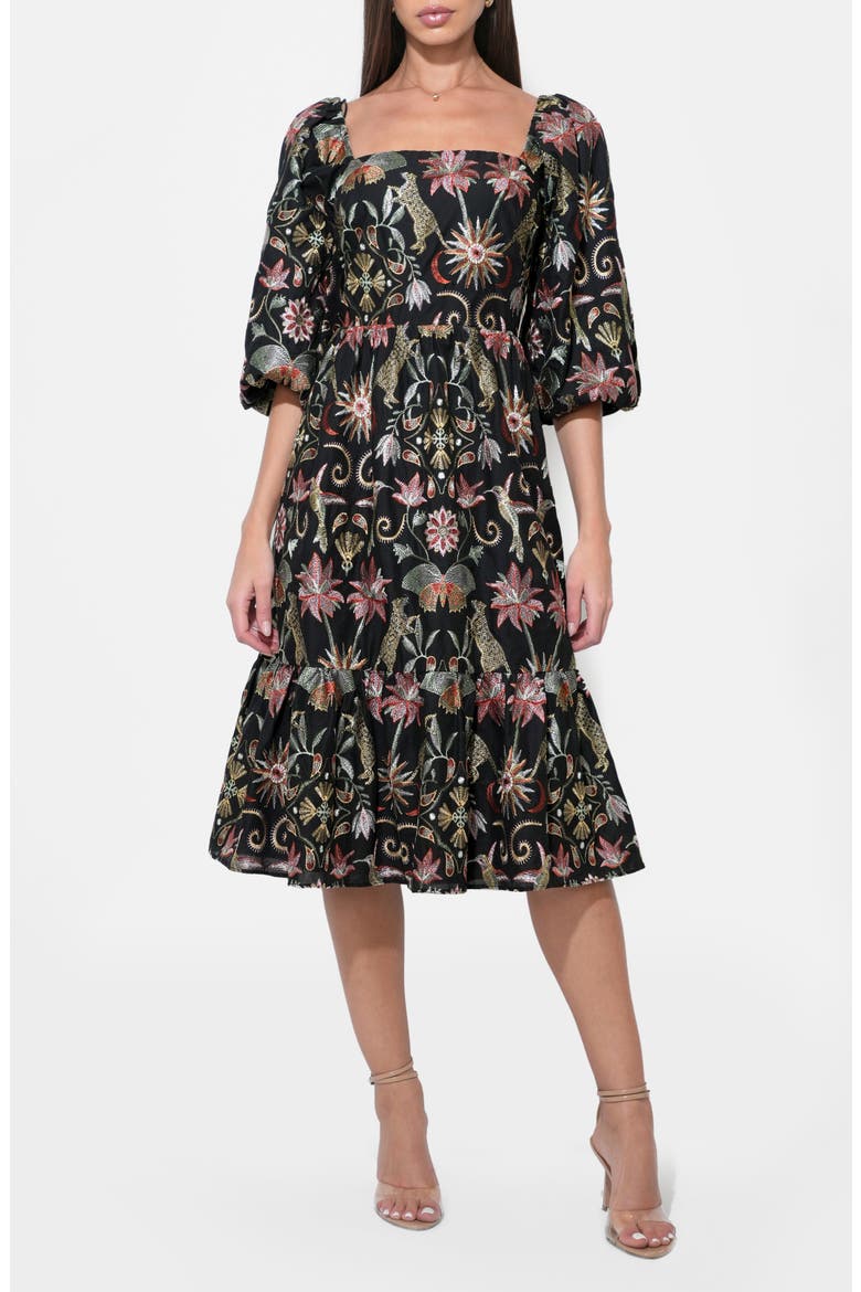 Lydia Floral Embroidery Midi Dress, Main, color, BLACK